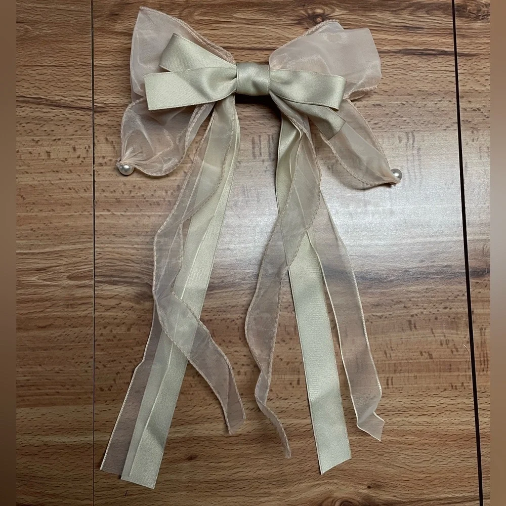 Long Oversized Green Satin Bow French Barrette Hair Clip